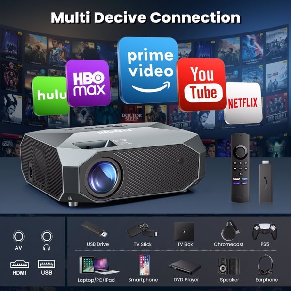 Proyector con wifi 5G y BT, compatible con 4K, PC, TV Sticks y PS5.
