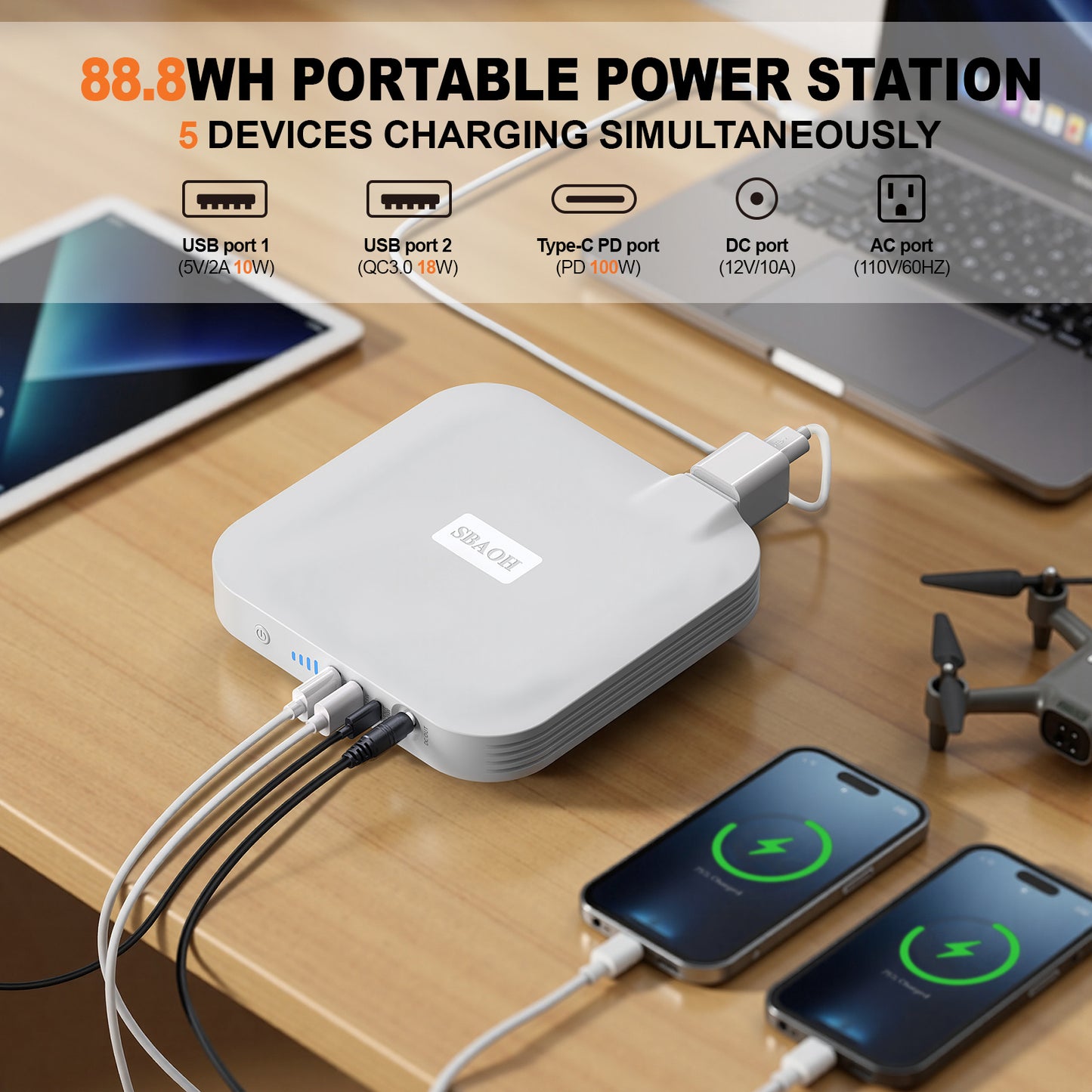 Estación de energía portátil, 100 W, 88,8 Wh, 24 000 mAh
